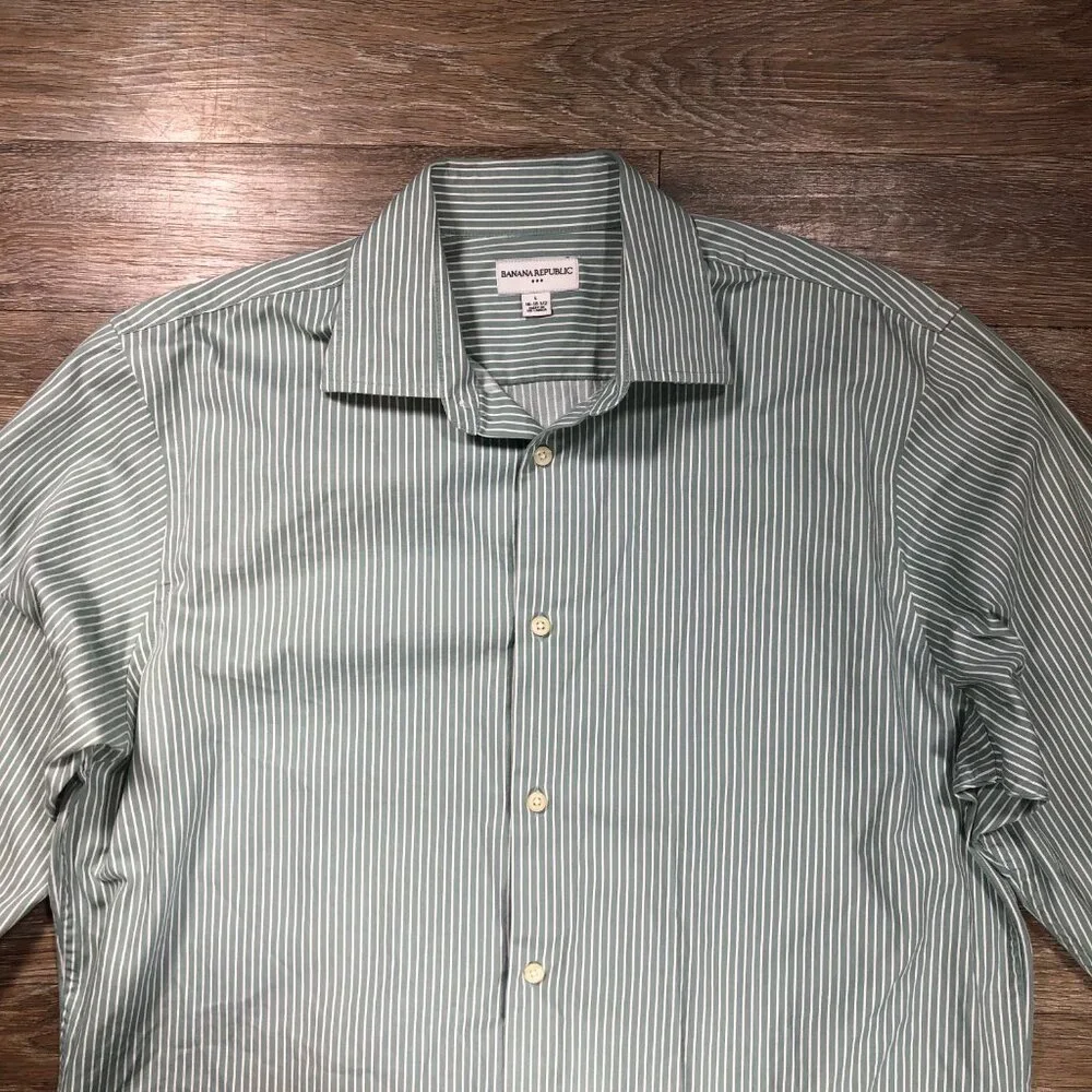 Banana Republic Mens Large Green White Long Sleeve Dress Shirt Size 16-16 1/2